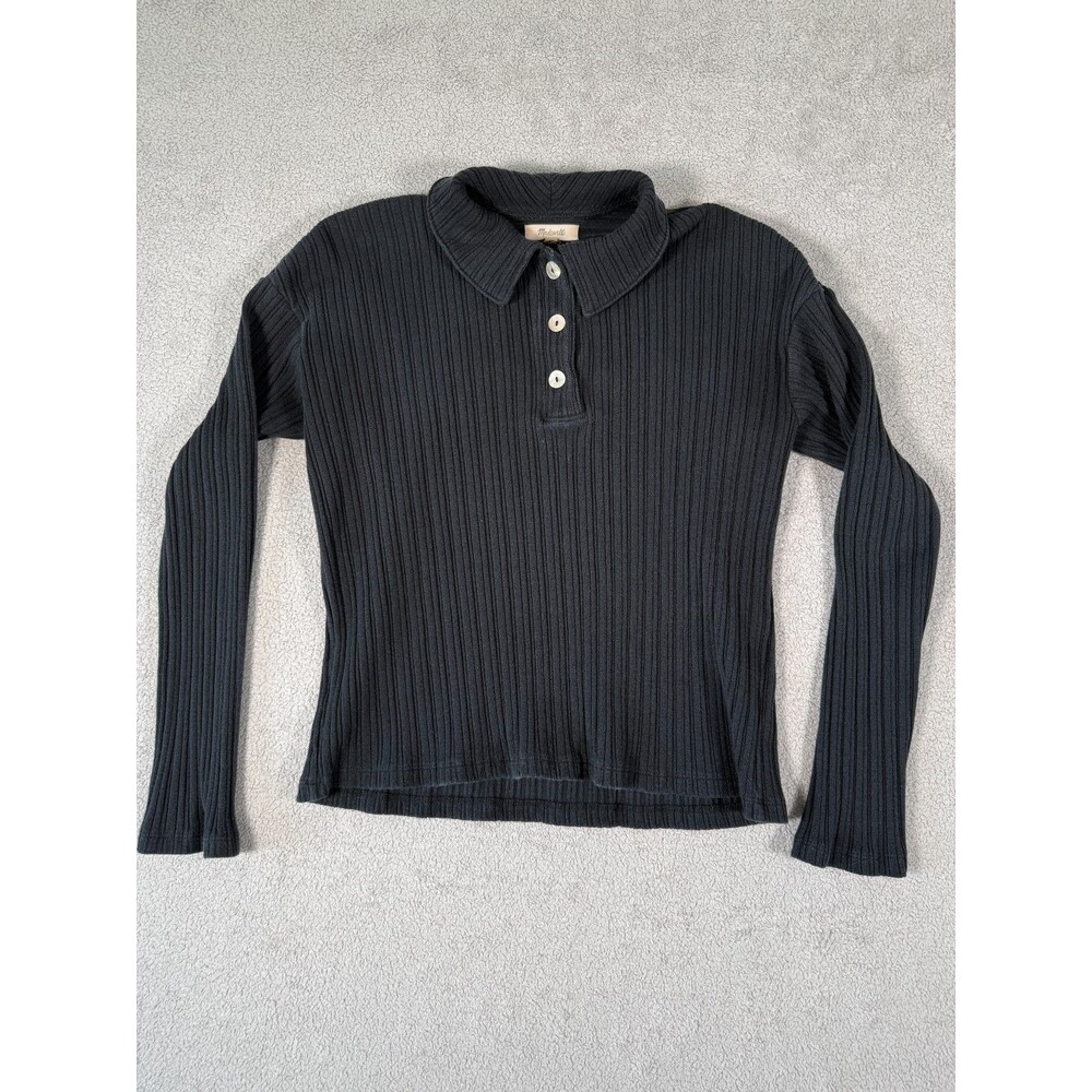 Madewell Womens Long Sleeve Polo Shirt Ribbed Knit Collared Button Top XS Black